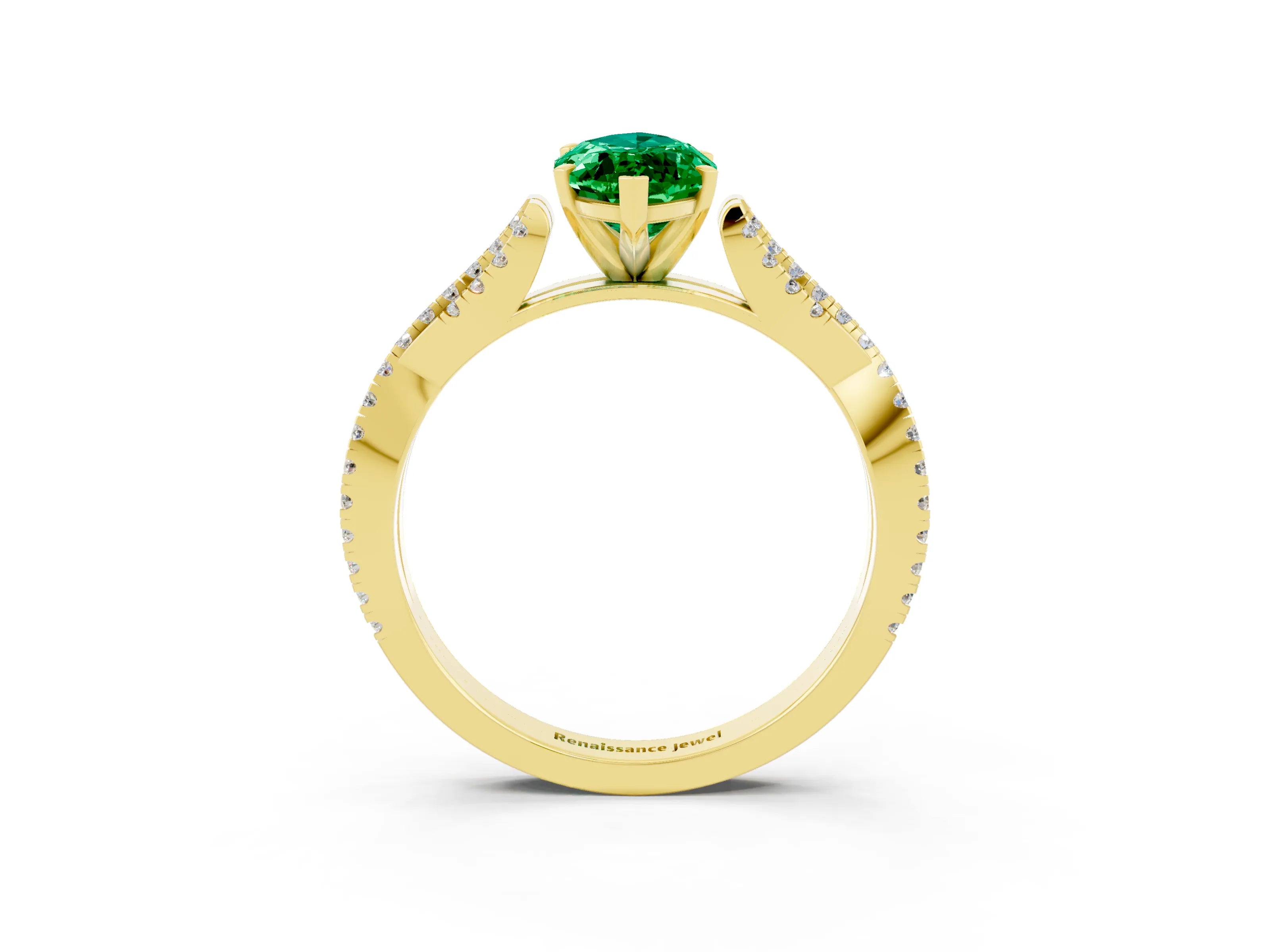 Yellow gold Marquise Cut Emerald Solitaire Engagement Ring with Twisted Pavé Band and Four-Prong Setting_3