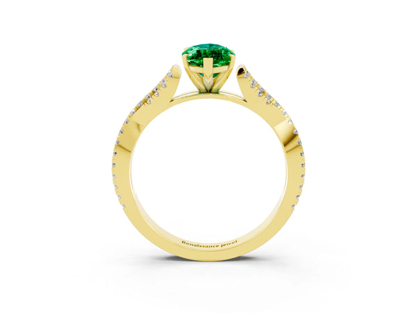 Yellow gold Marquise Cut Emerald Solitaire Engagement Ring with Twisted Pavé Band and Four-Prong Setting