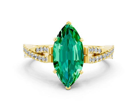 Yellow gold Marquise Cut Emerald Solitaire Engagement Ring with Twisted Pavé Band and Four-Prong Setting