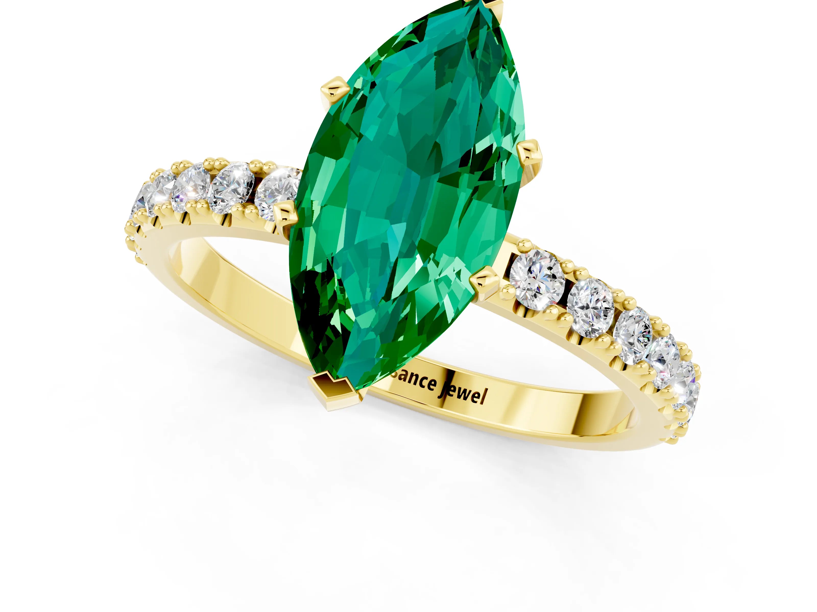 Yellow gold Marquise Cut Emerald Solitaire Pavé Band with Four-Prong Setting_1
