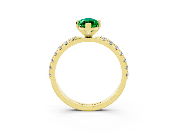 Yellow gold Marquise Cut Emerald Solitaire Pavé Band with Four-Prong Setting