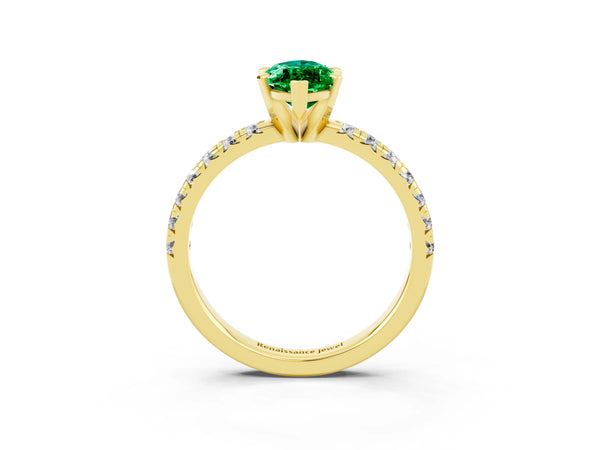 Yellow gold Marquise Cut Emerald Solitaire Pavé Engagement Ring with Round Band and Prong Setting