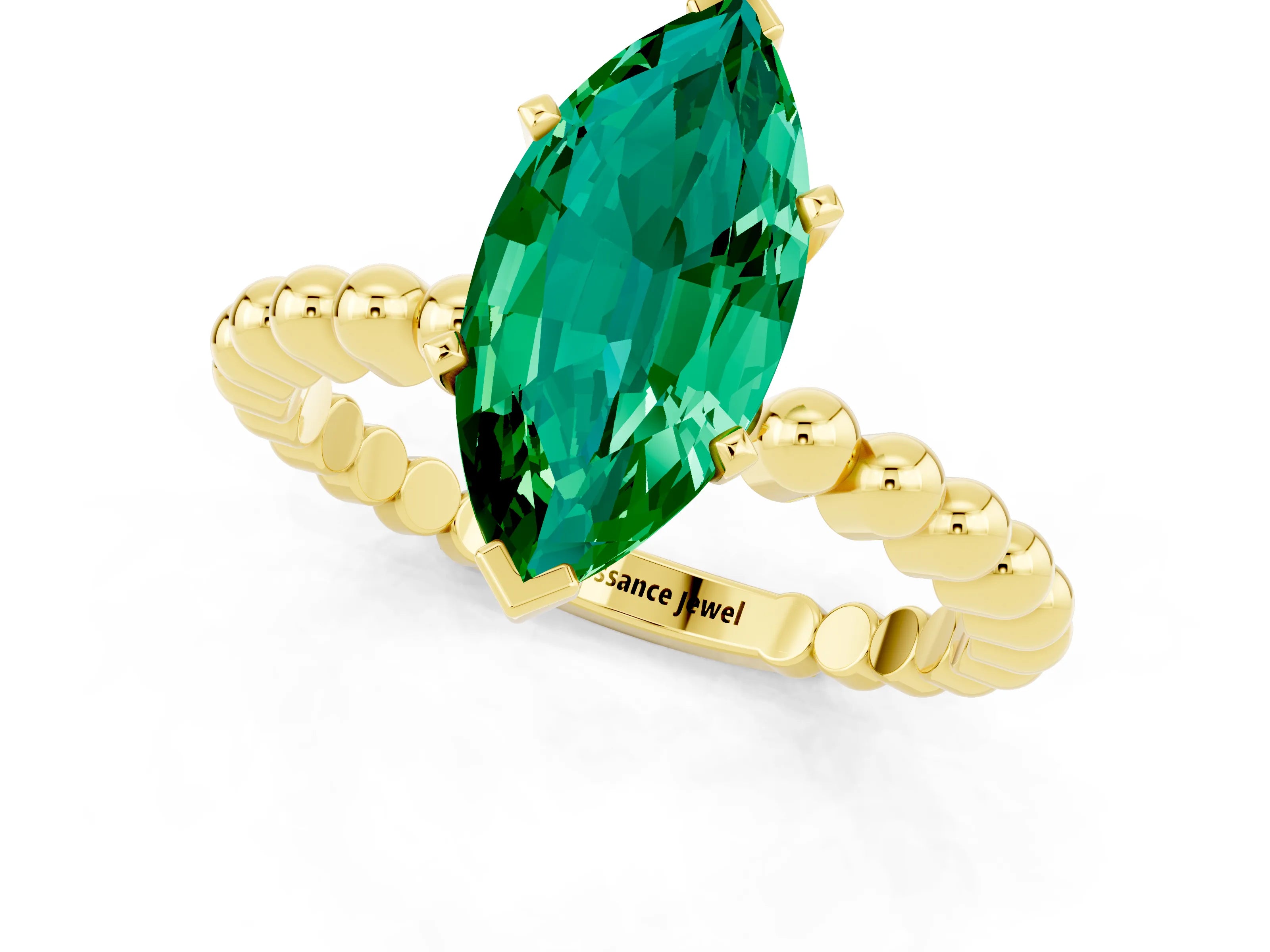 Yellow gold Marquise Cut Emerald Solitaire Ring with Beaded Band and Prong Setting_1
