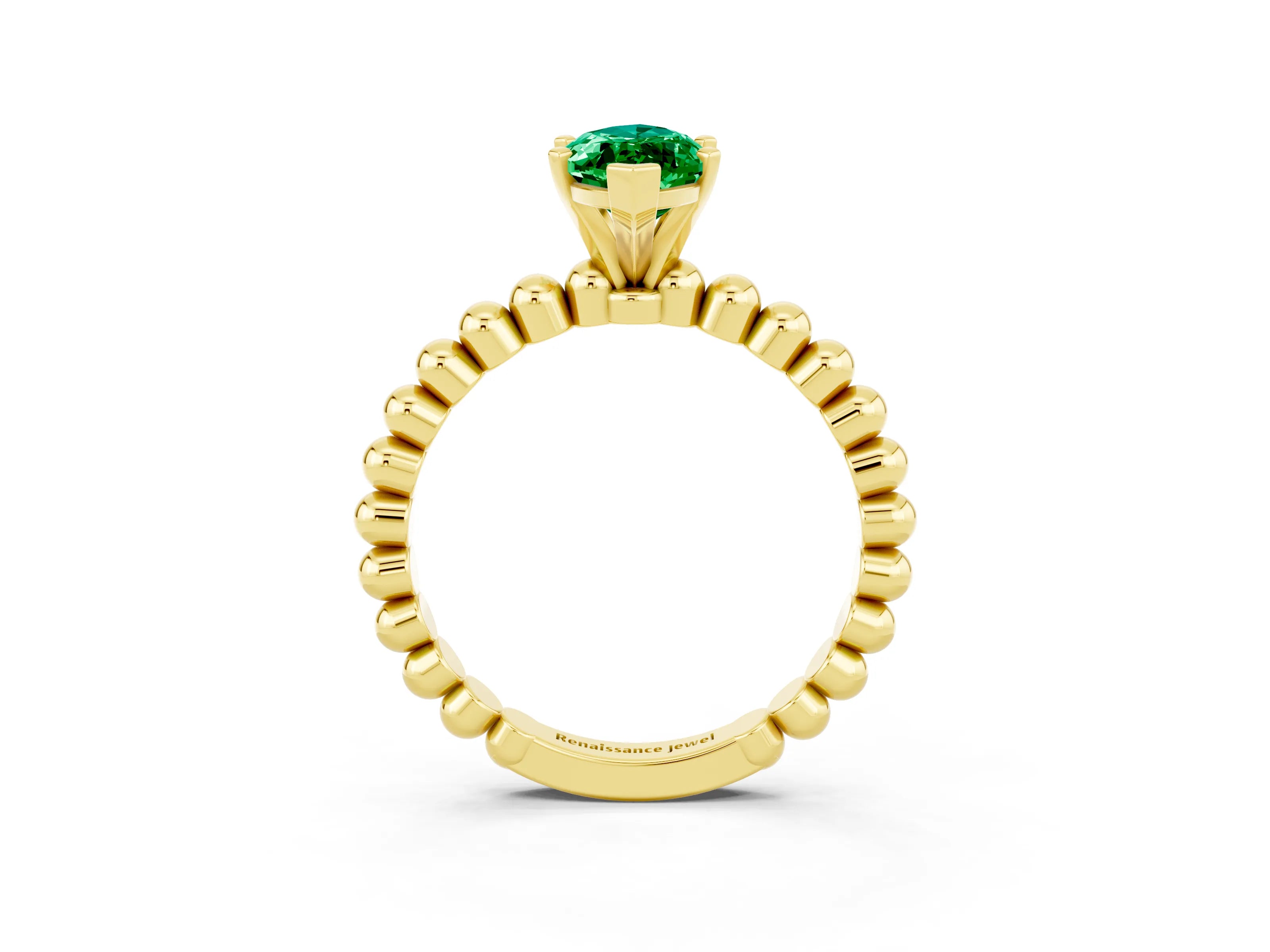 Yellow gold Marquise Cut Emerald Solitaire Ring with Beaded Band and Prong Setting_3
