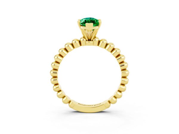 Yellow gold Marquise Cut Emerald Solitaire Ring with Beaded Band and Prong Setting
