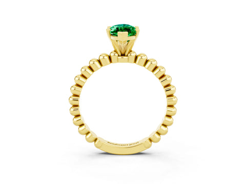 Yellow gold Marquise Cut Emerald Solitaire Ring with Beaded Band and Prong Setting_3