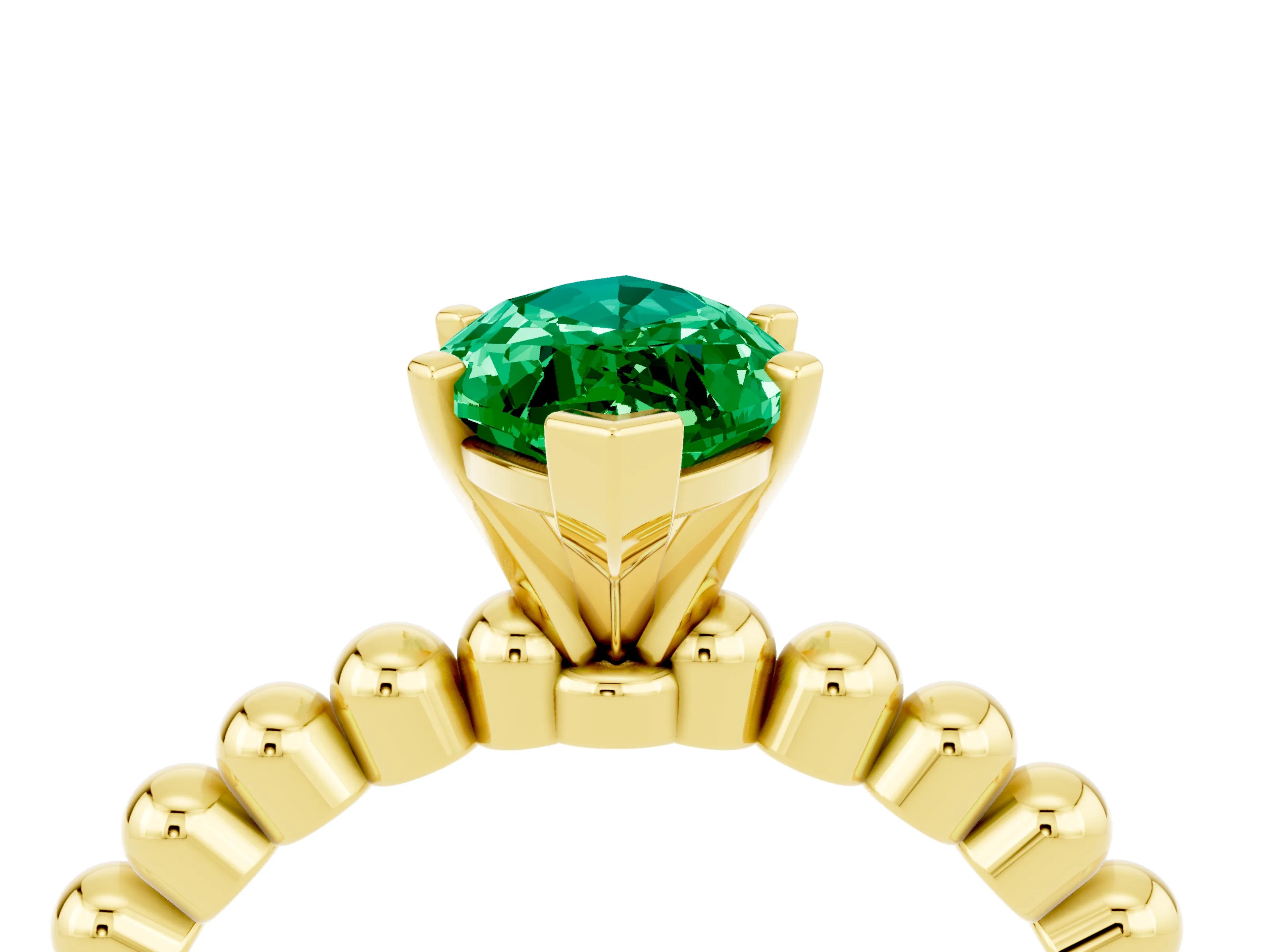 Yellow gold Marquise Cut Emerald Solitaire Ring with Beaded Band and Prong Setting_4