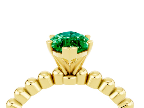 Yellow gold Marquise Cut Emerald Solitaire Ring with Beaded Band and Prong Setting_4