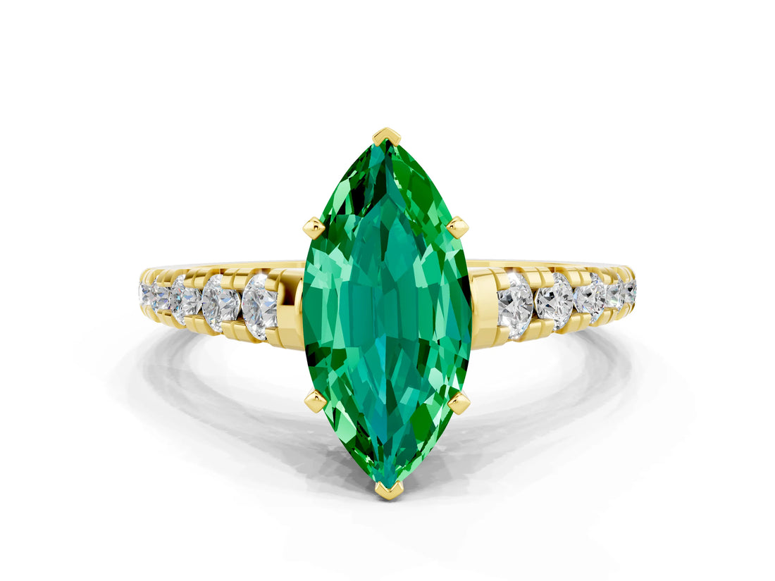 Yellow gold Marquise Cut Emerald Solitaire Ring with Cathedral Setting and Pavé Band