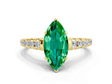 Yellow gold Marquise Cut Emerald Solitaire Ring with Cathedral Setting and Pavé Band
