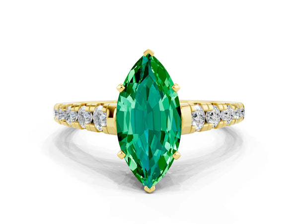 Yellow gold Marquise Cut Emerald Cathedral Solitaire Ring with Round  Pavé Band