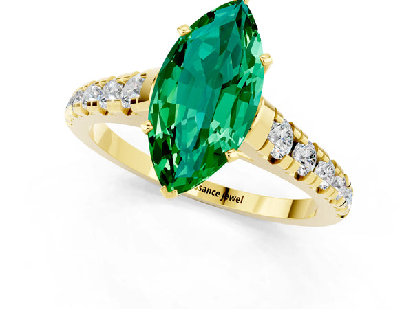 Yellow gold Marquise Cut Emerald Cathedral Solitaire Ring with Round  Pavé Band