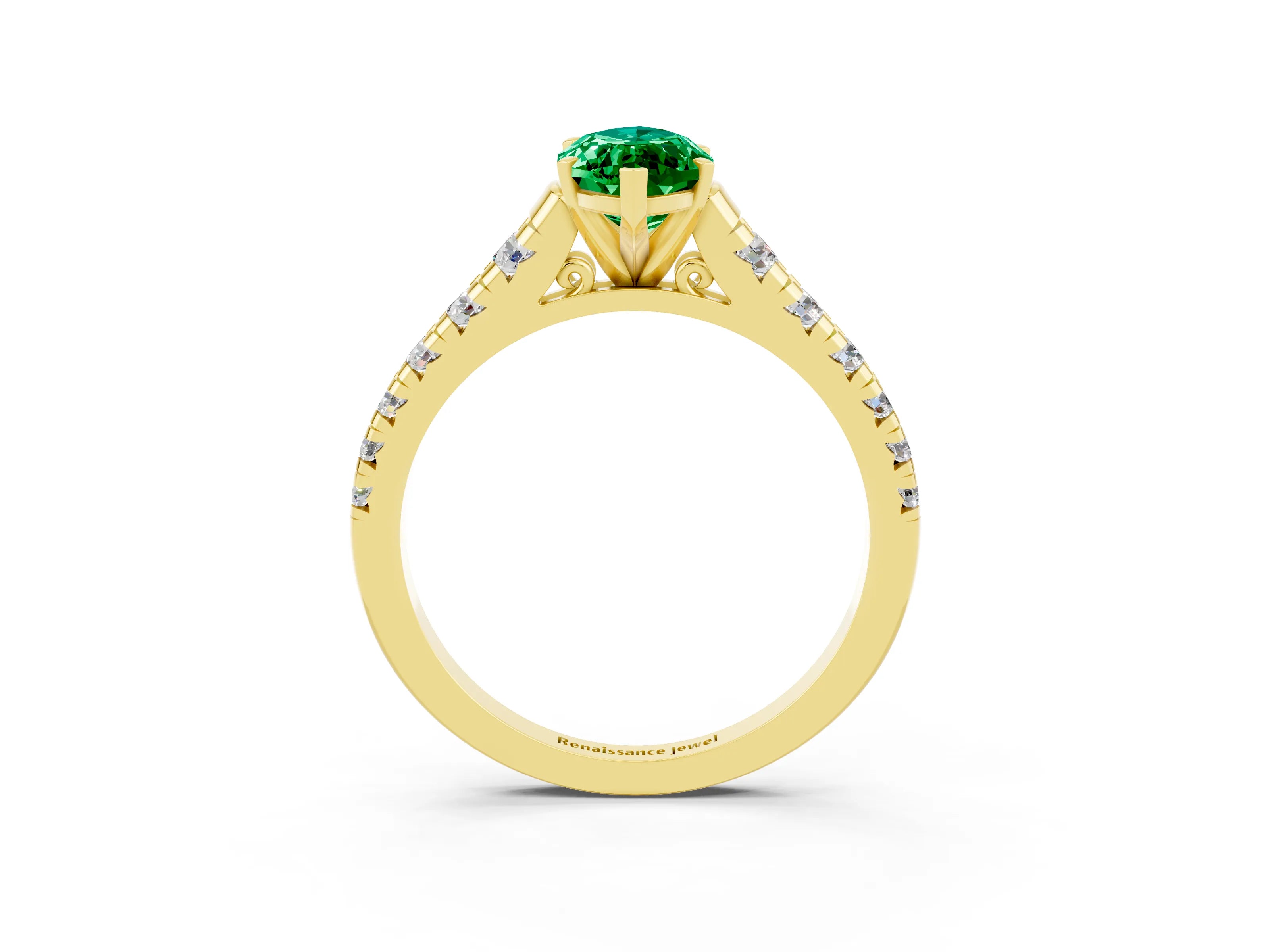 Yellow gold Marquise Cut Emerald Solitaire Ring with Cathedral Setting and Pavé Band_3