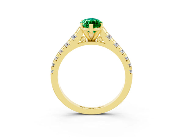 Yellow gold Marquise Cut Emerald Cathedral Solitaire Ring with Round  Pavé Band