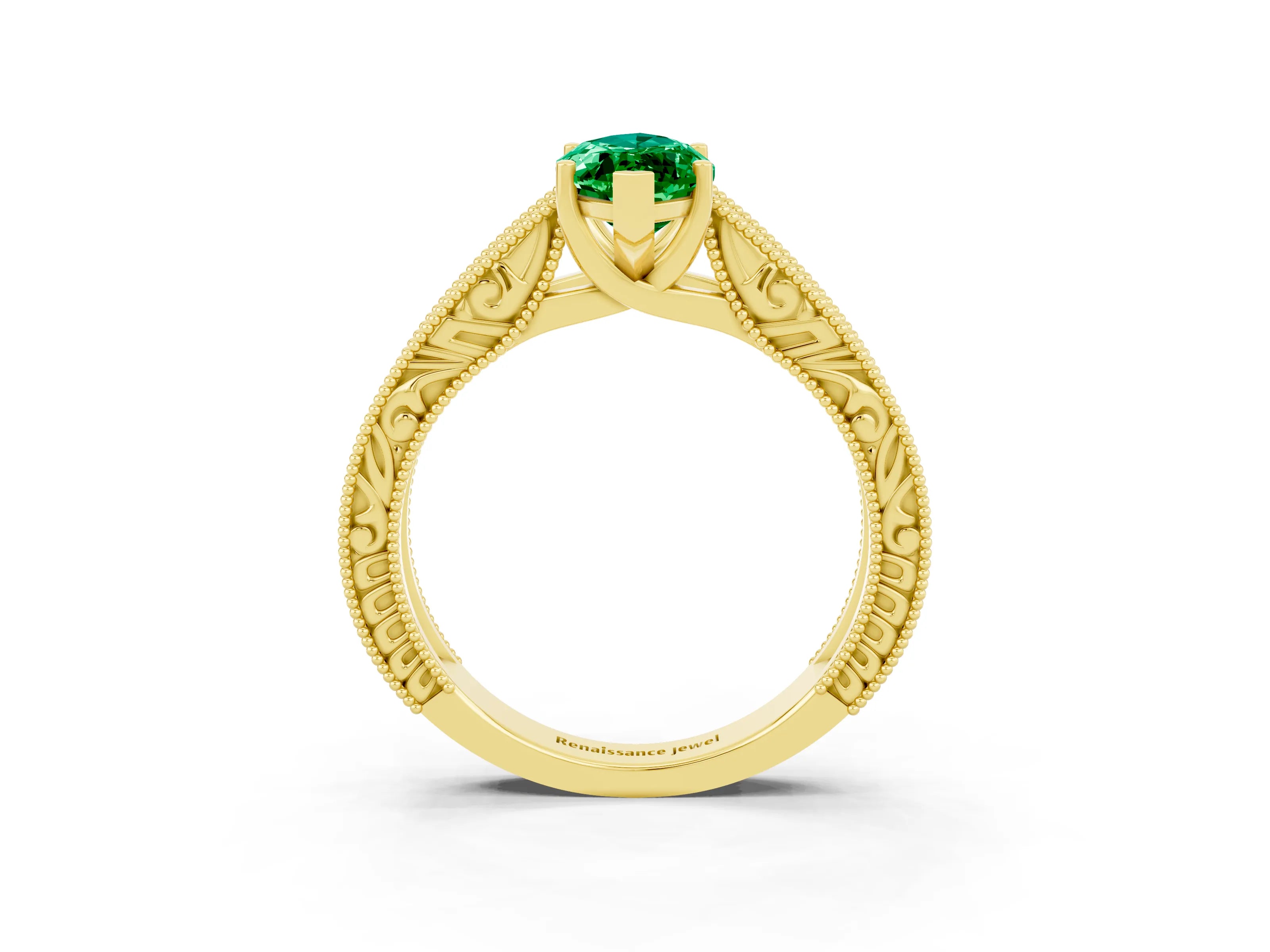 Yellow gold Marquise Cut Emerald Solitaire Ring with Engraved Band and Four-Prong Setting_3