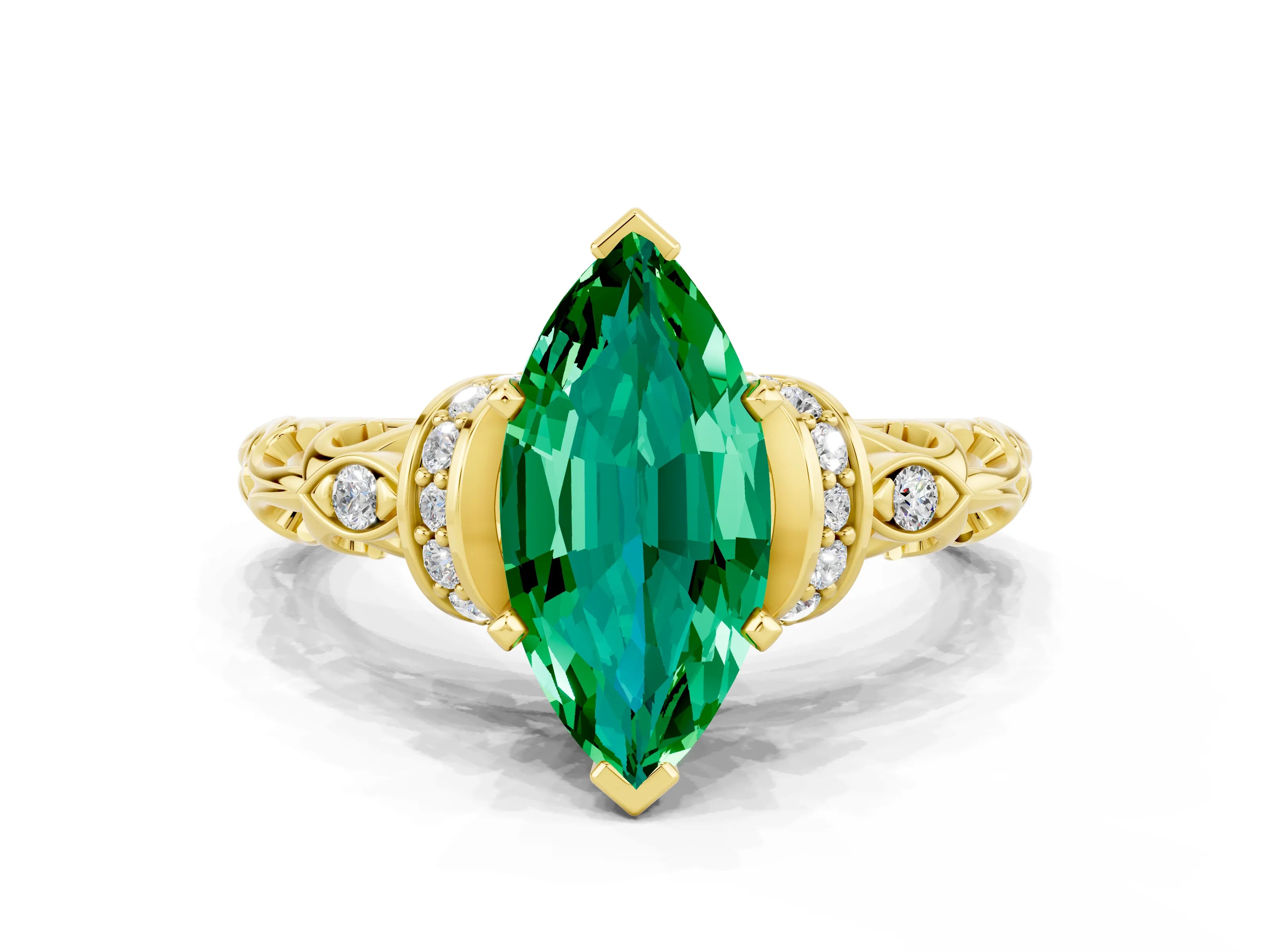 Yellow gold Marquise Cut Emerald Solitaire Ring with Filigree Band and Four-Prong Setting_24