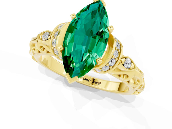 Yellow gold Marquise Cut Emerald Solitaire Ring with Filigree Band and Four-Prong Setting