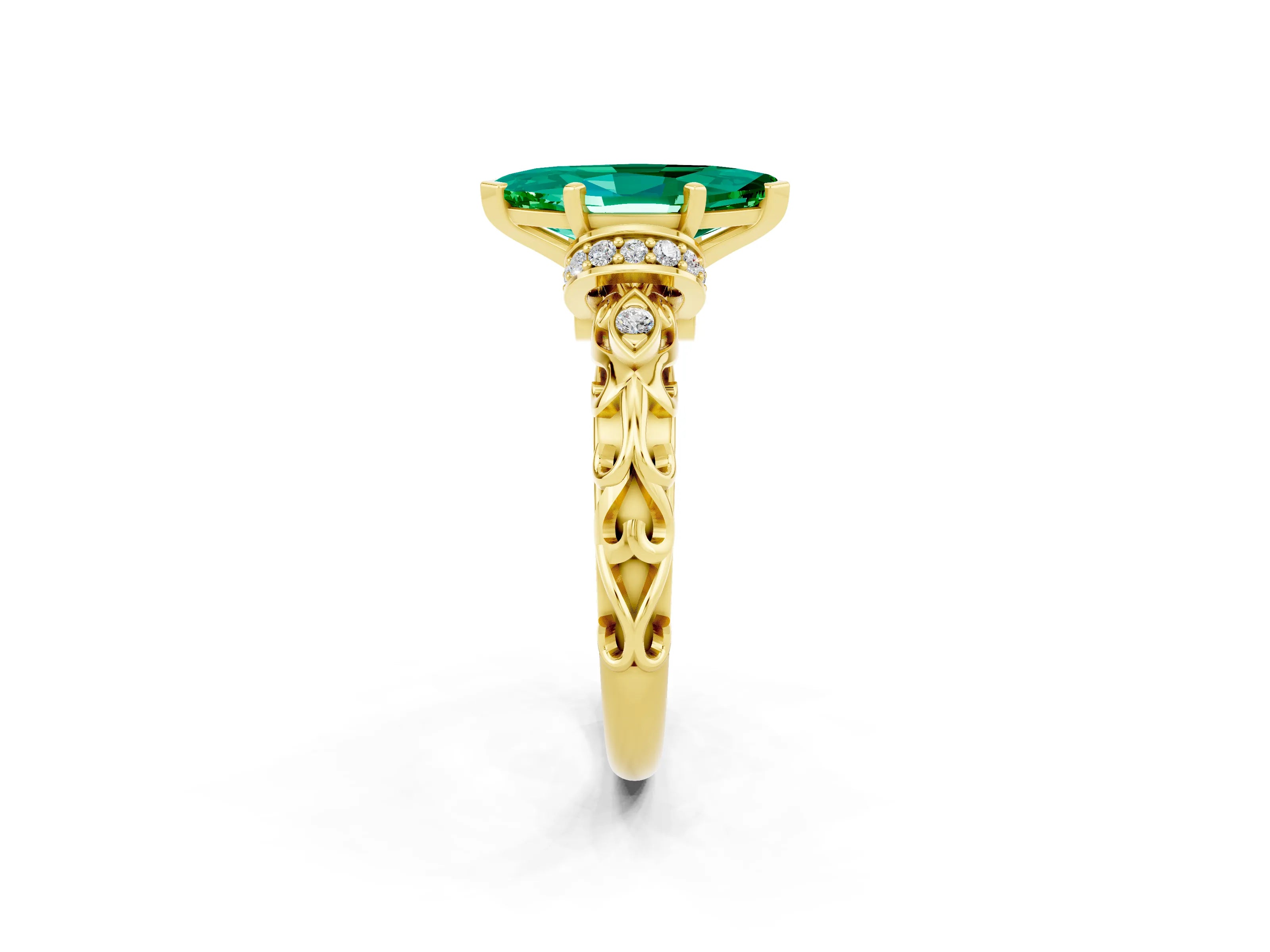 Yellow gold Marquise Cut Emerald Solitaire Ring with Filigree Band and Four-Prong Setting_26