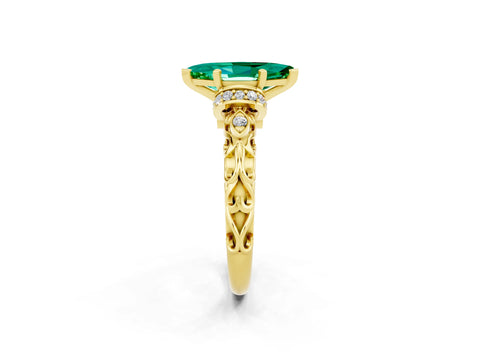 Yellow gold Marquise Cut Emerald Solitaire Ring with Filigree Band and Four-Prong Setting_26