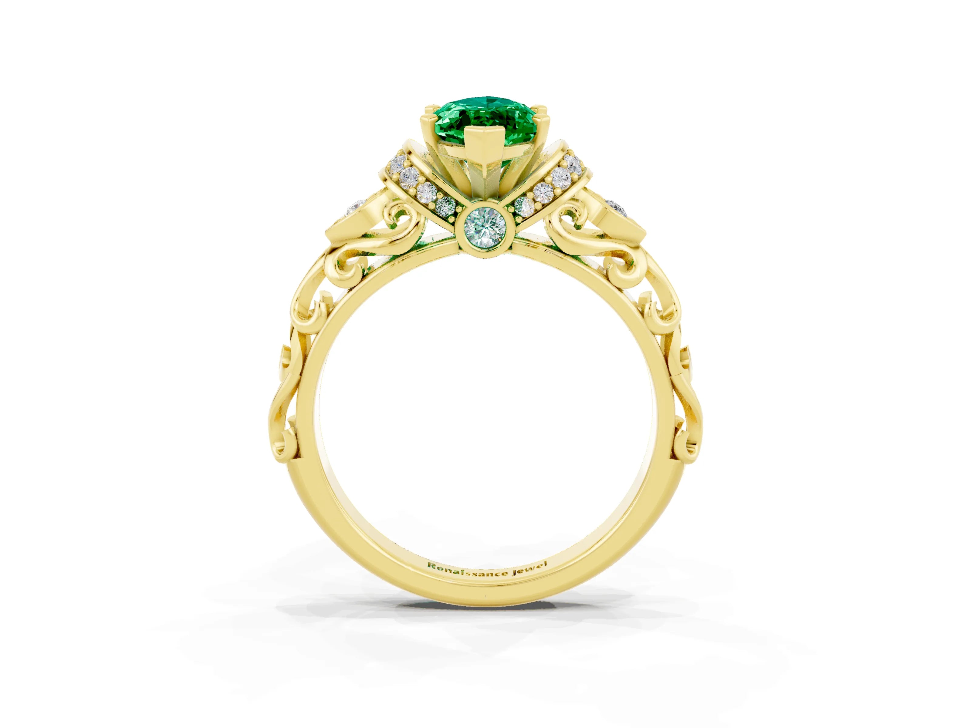 Yellow gold Marquise Cut Emerald Solitaire Ring with Filigree Band and Four-Prong Setting_27