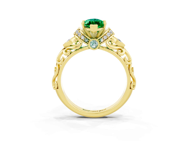 Yellow gold Marquise Cut Emerald Solitaire Ring with Filigree Band and Four-Prong Setting