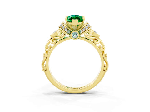 Yellow gold Marquise Cut Emerald Solitaire Ring with Filigree Band and Four-Prong Setting_27