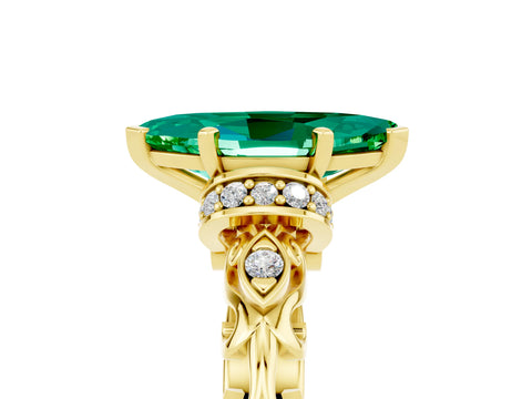 Yellow gold Marquise Cut Emerald Solitaire Ring with Filigree Band and Four-Prong Setting_29
