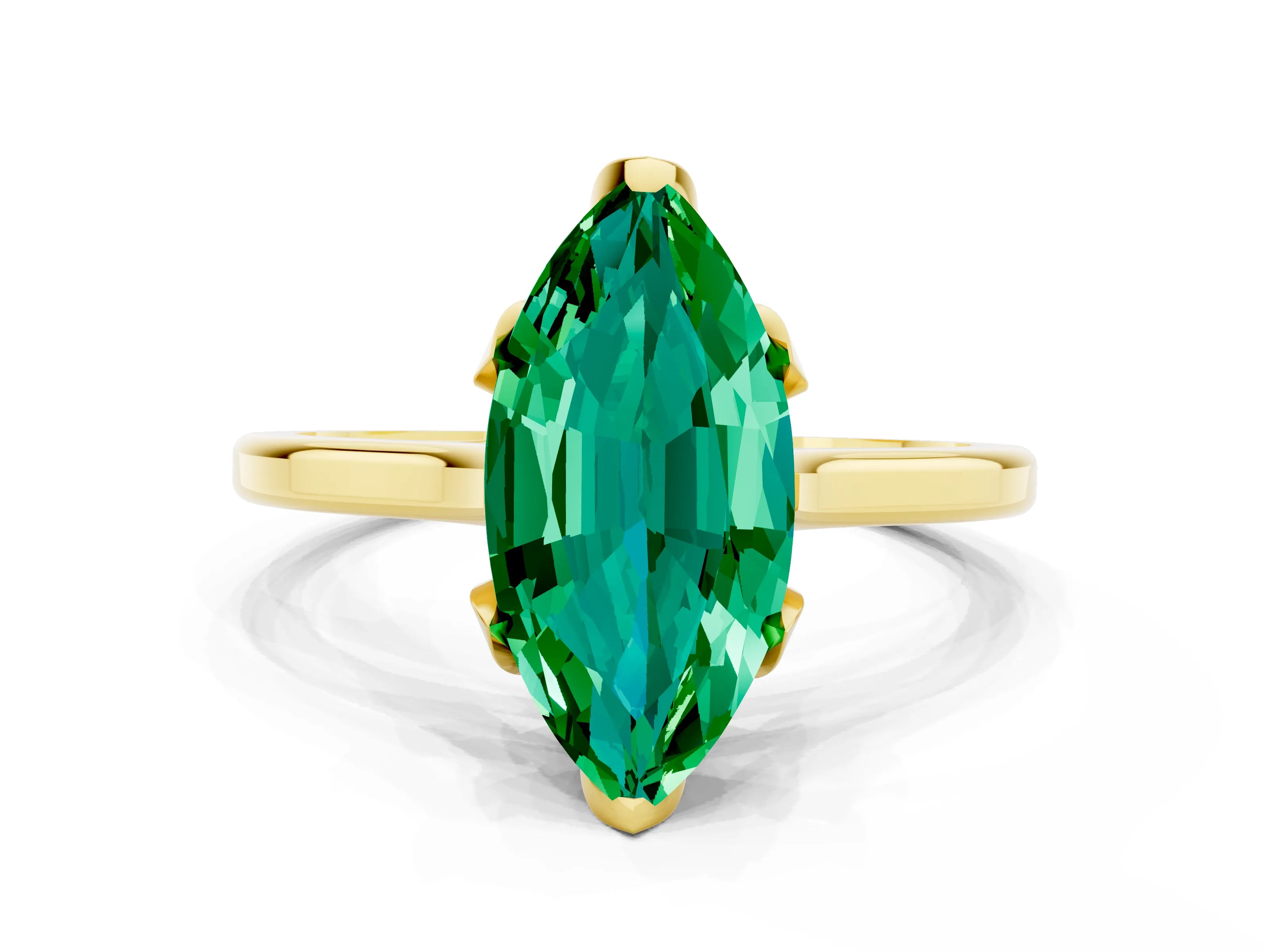 Yellow gold Marquise Cut Emerald Solitaire Ring with Flower Prong Setting and Classic Band_12