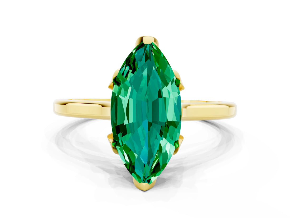 Yellow gold Marquise Cut Emerald Solitaire Ring with Flower Prong Setting and Classic Band_12
