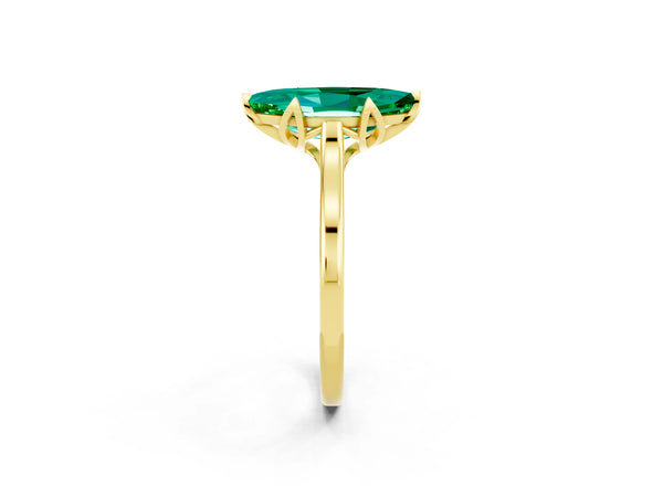 Yellow gold Marquise Cut Emerald Solitaire Ring with Flower Prong Setting and Classic Band