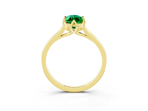 Yellow gold Marquise Cut Emerald Solitaire Ring with Flower Prong Setting and Classic Band