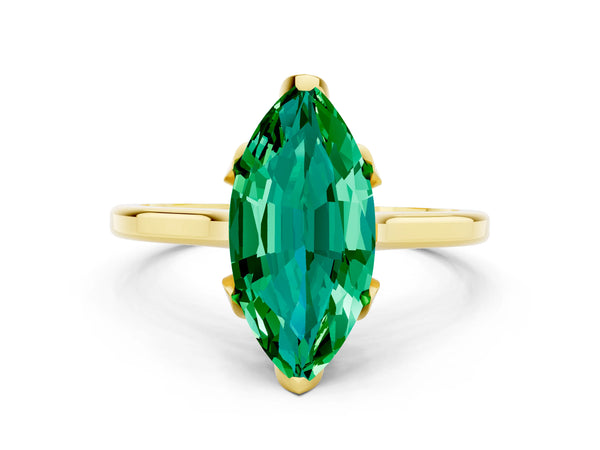 Yellow gold Marquise Cut Emerald Solitaire Ring with Flower Prong Setting and Classic Band