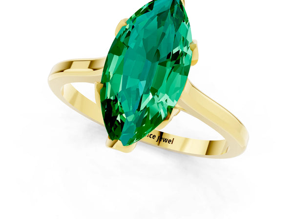 Yellow gold Marquise Cut Emerald Solitaire Ring with Flower Prong Setting and Classic Band