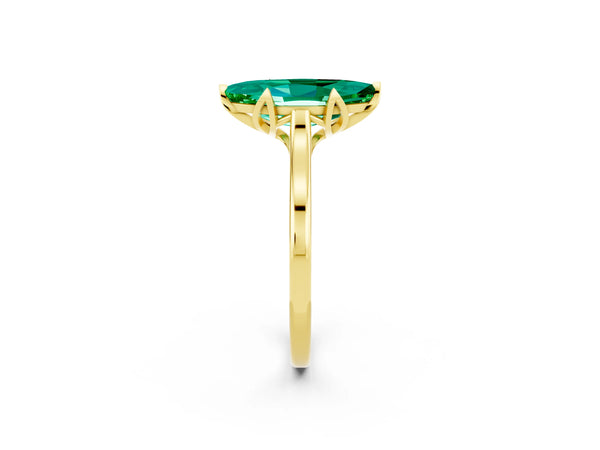 Yellow gold Marquise Cut Emerald Solitaire Ring with Flower Prong Setting and Classic Band