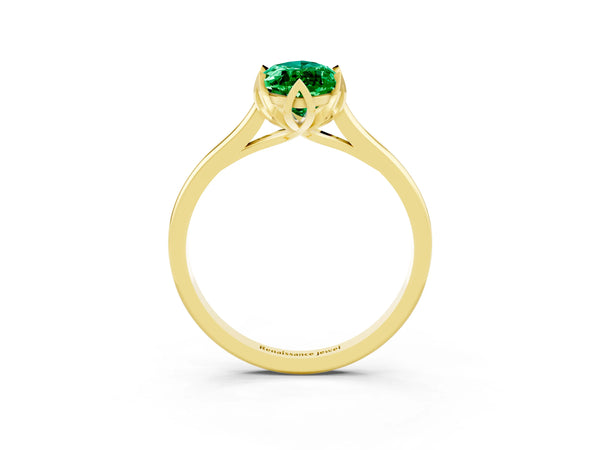 Yellow gold Marquise Cut Emerald Solitaire Ring with Flower Prong Setting and Classic Band
