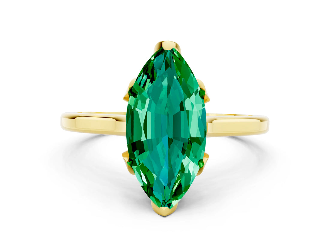 Yellow gold Marquise Cut Emerald Solitaire Ring with Flower Prong Setting and Classic Band_36