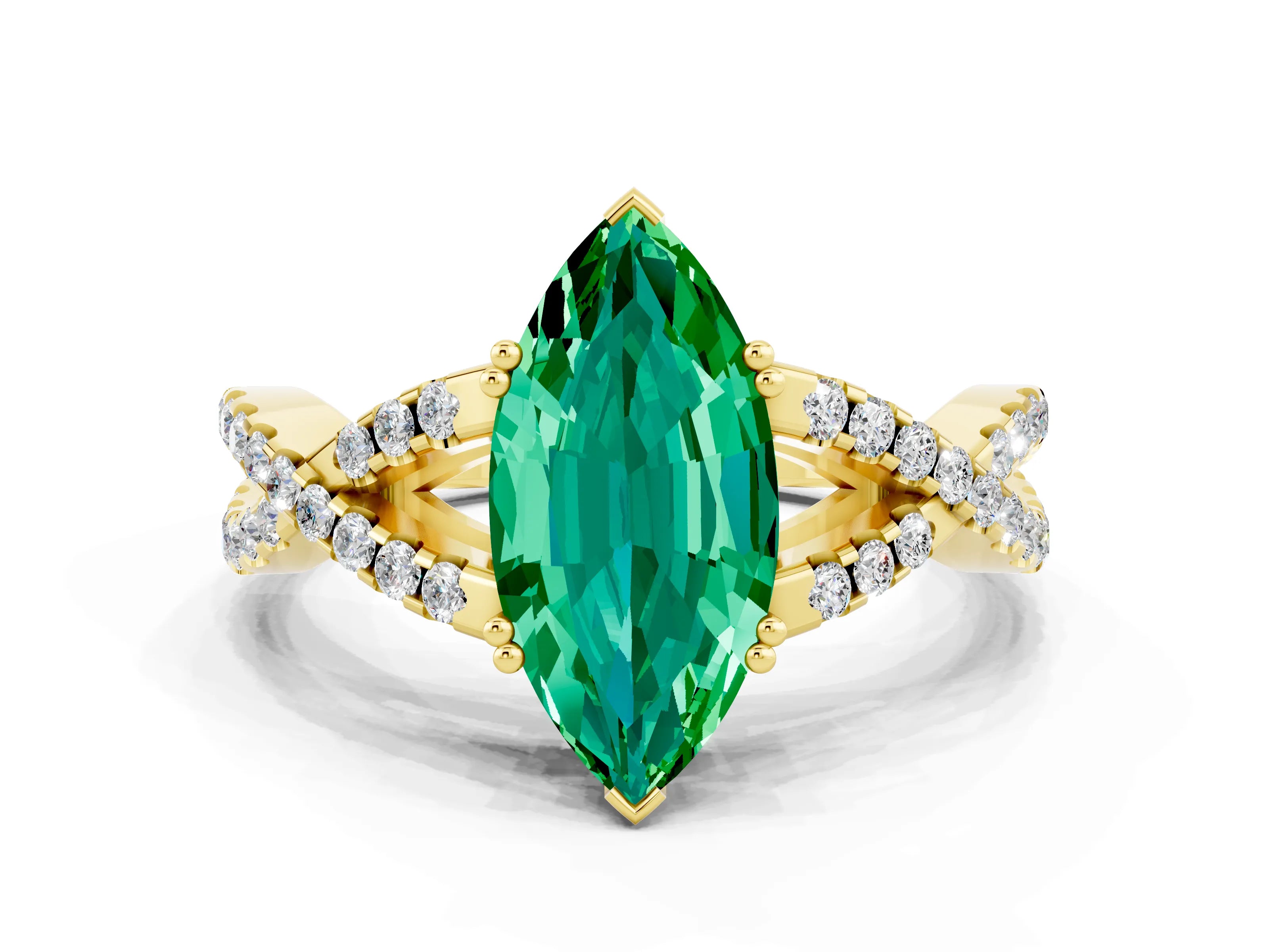Yellow gold Marquise Cut Emerald Solitaire Ring with Four-Prong Setting and Twisted Pavé Band