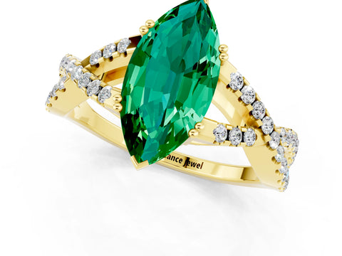 Yellow gold Marquise Cut Emerald Solitaire Ring with Four-Prong Setting and Twisted Pavé Band_1