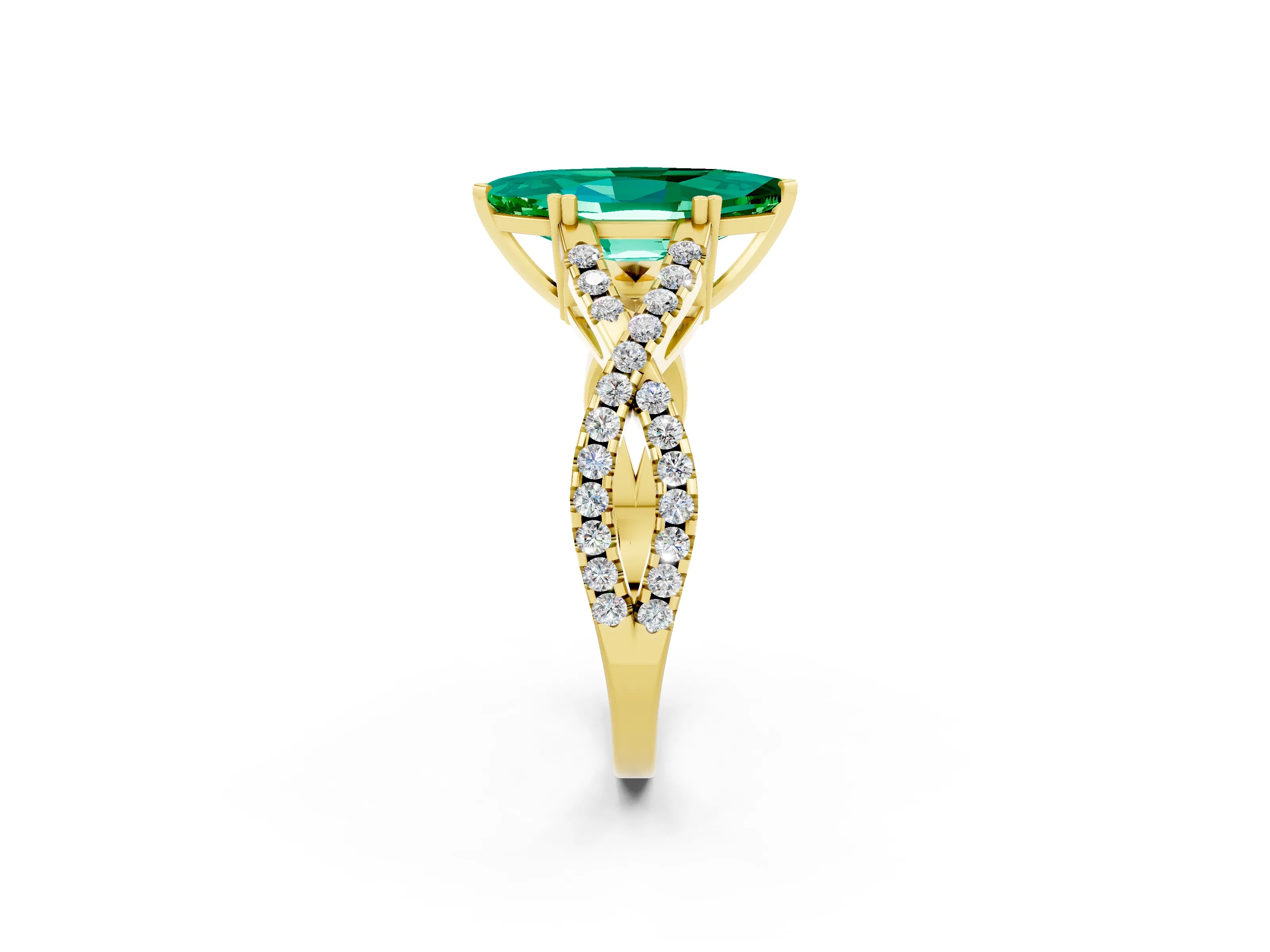 Yellow gold Marquise Cut Emerald Solitaire Ring with Four-Prong Setting and Twisted Pavé Band_2