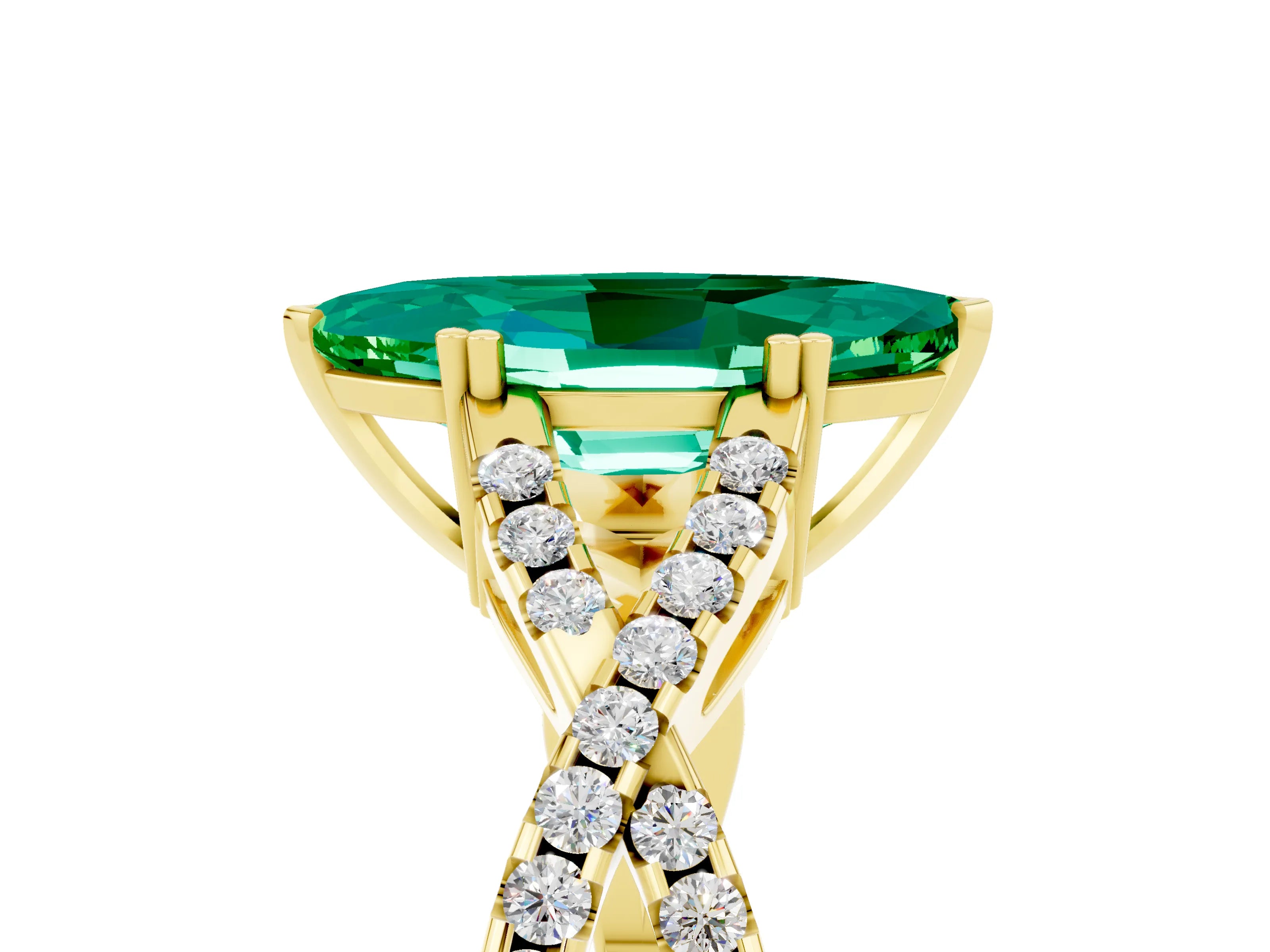 Yellow gold Marquise Cut Emerald Solitaire Ring with Four-Prong Setting and Twisted Pavé Band_5