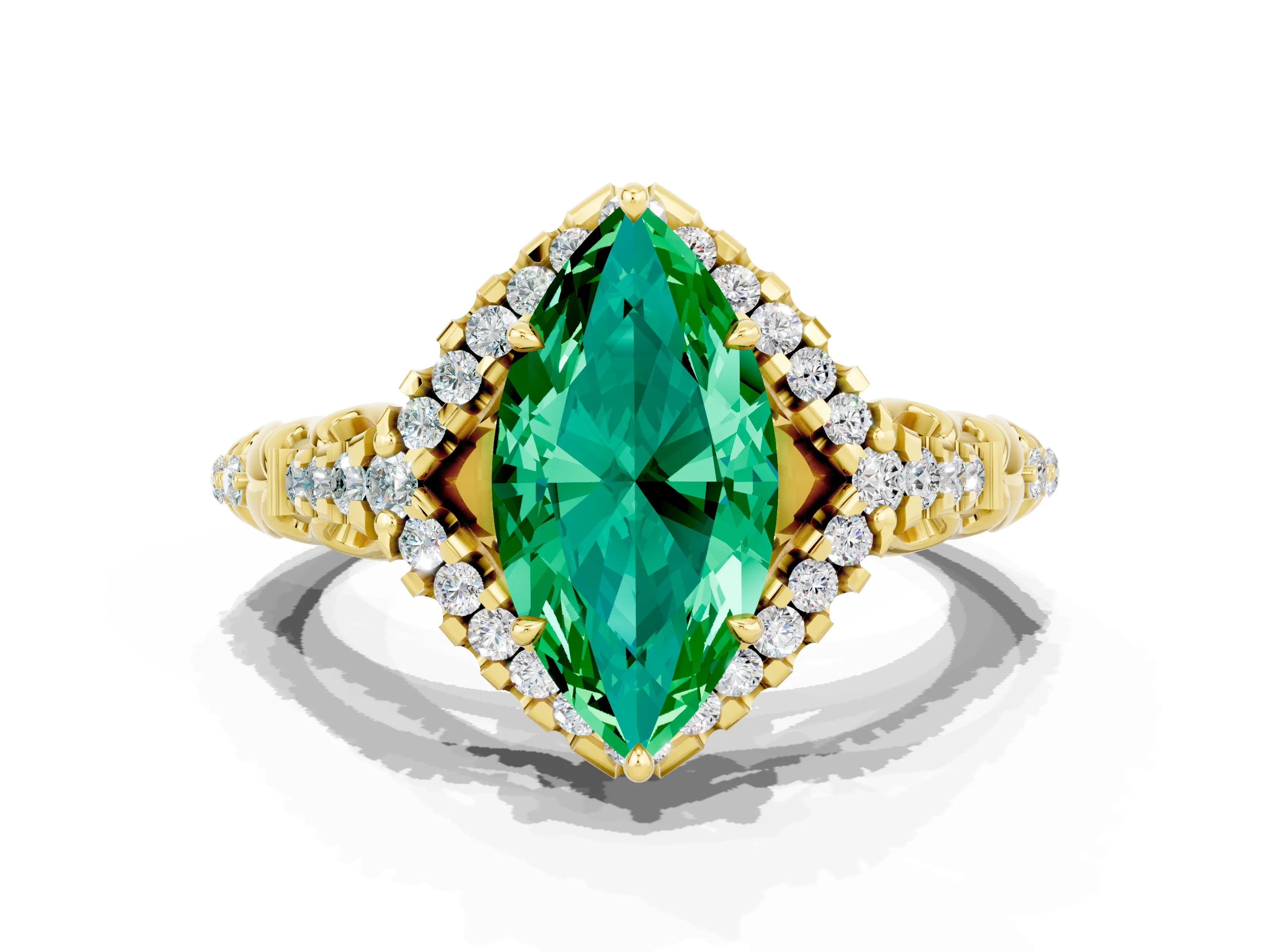 Yellow gold Marquise Cut Emerald Solitaire Ring with Hidden Halo and Pavé Band_35