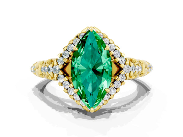 Yellow gold Marquise Cut Emerald Solitaire Ring with Hidden Halo and Pavé Band