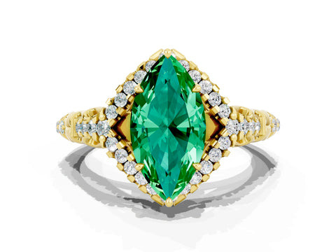 Yellow gold Marquise Cut Emerald Solitaire Ring with Hidden Halo and Pavé Band_35