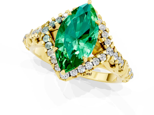 Yellow gold Marquise Cut Emerald Solitaire Ring with Hidden Halo and Pavé Band