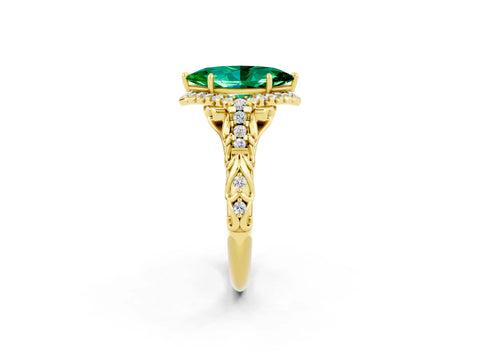 Yellow gold Marquise Cut Emerald Solitaire Ring with Hidden Halo and Pavé Band_37