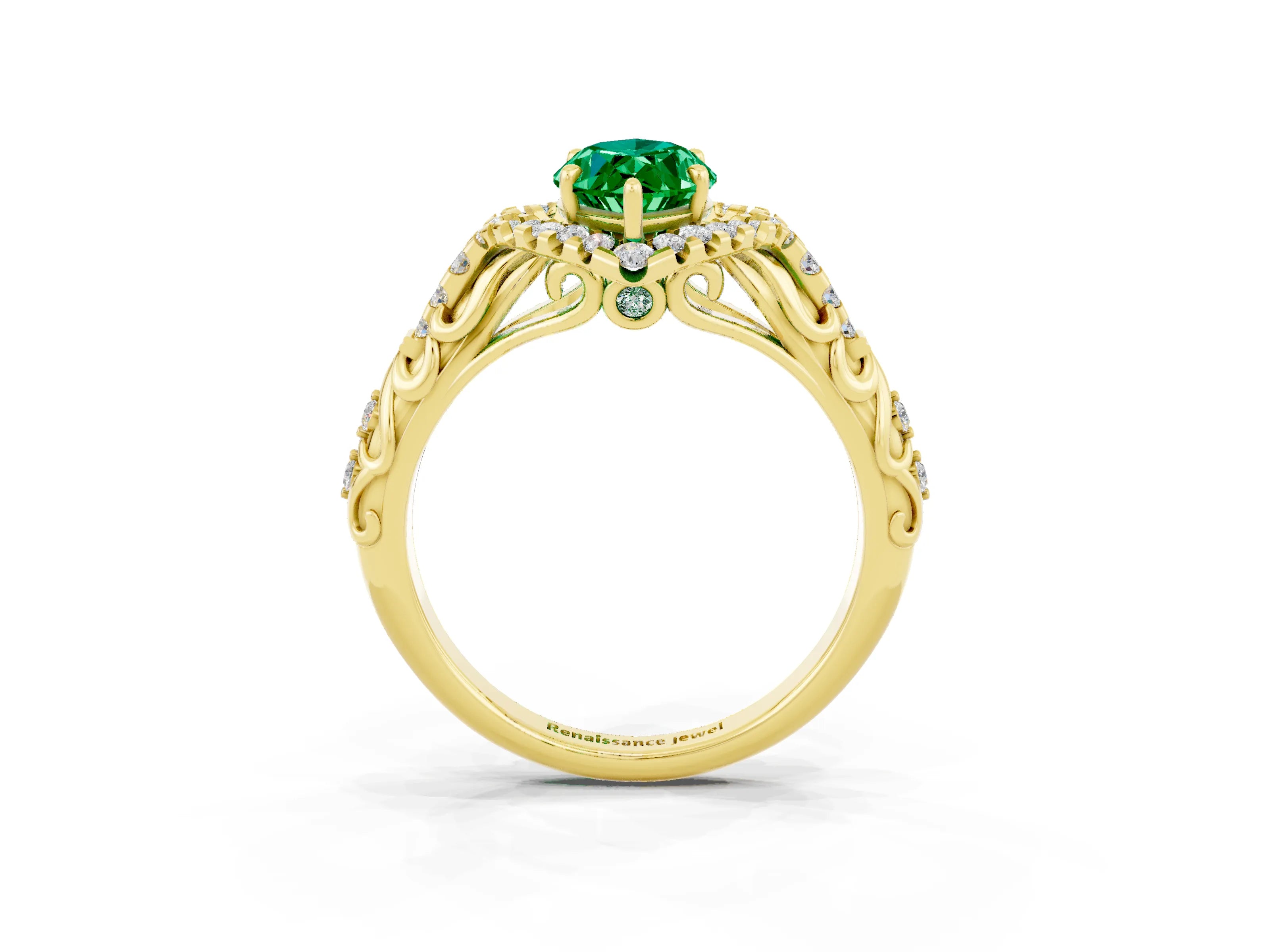 Yellow gold Marquise Cut Emerald Solitaire Ring with Hidden Halo and Pavé Band_38