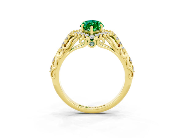 Yellow gold Marquise Cut Emerald Solitaire Ring with Hidden Halo and Pavé Band
