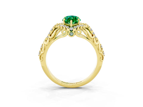 Yellow gold Marquise Cut Emerald Solitaire Ring with Hidden Halo and Pavé Band_38
