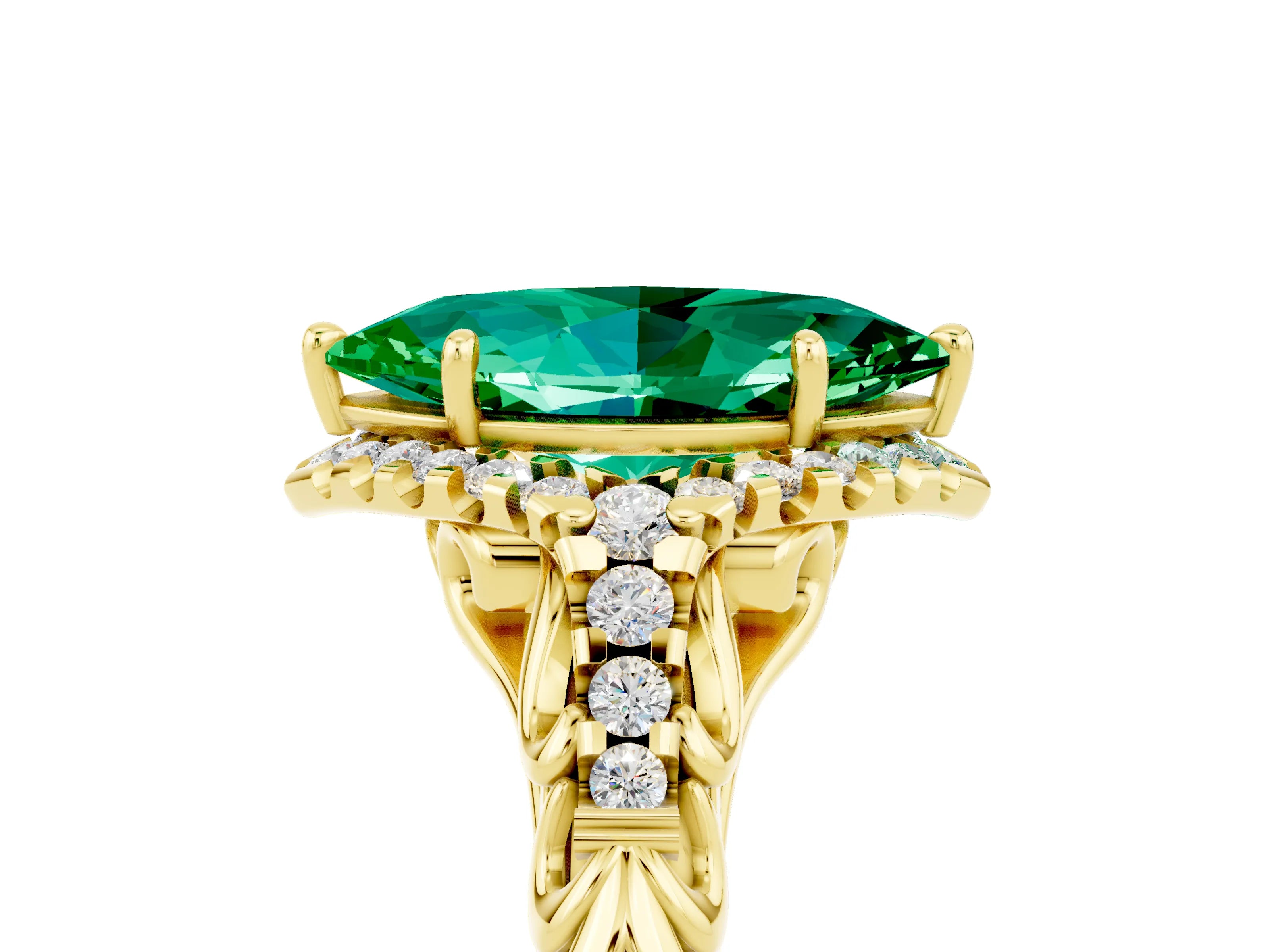 Yellow gold Marquise Cut Emerald Solitaire Ring with Hidden Halo and Pavé Band_40