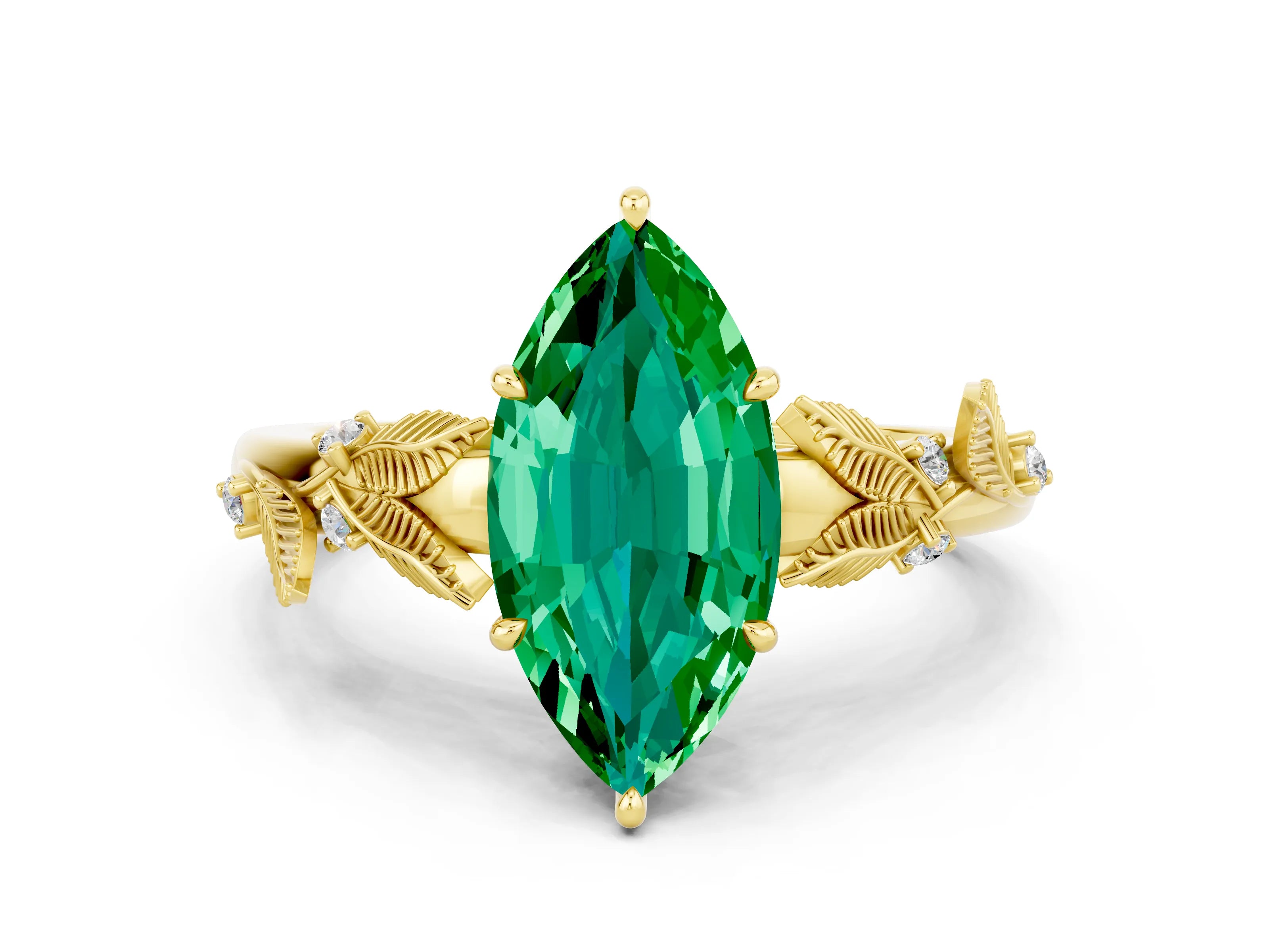 Yellow gold Marquise Cut Emerald Solitaire Ring with Leaf Motif Band and Four-Prong Setting